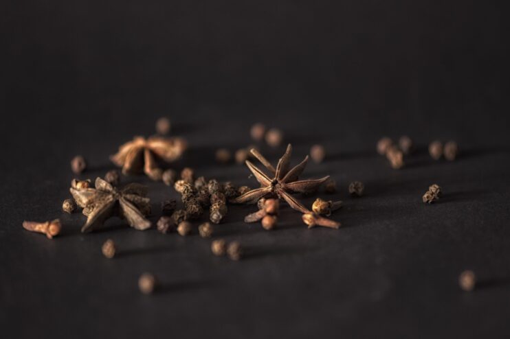 picture of star anise and its seeds spreading in the black floor
