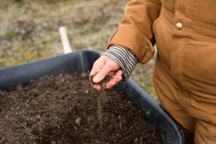 picture of a hand mixing the soil